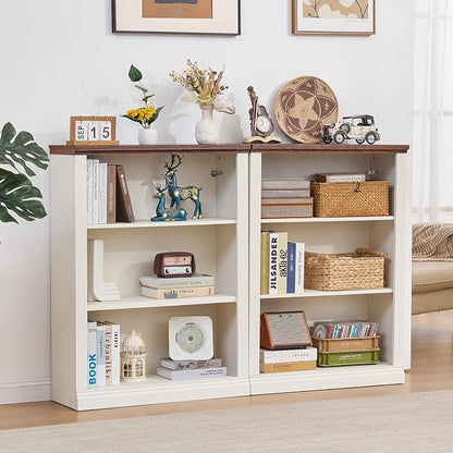 RWYHG 43" White Tall Bookshelf Set of 2,3-Tier Thick Wooden Book Shelf with Adjustable Shelves,Free Standing Farmhouse Bookcase with Open Display Storage,Floor Vintage Bookshelves for Living Room