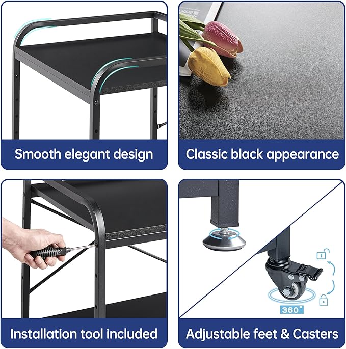 Fannova 2 Tier Under Desk Printer Stand with Storage, 20 Inches Deep Large Printer Table with Height Adjustable Shelf, Rolling Printer Cart with Wheels for Home Office - Black