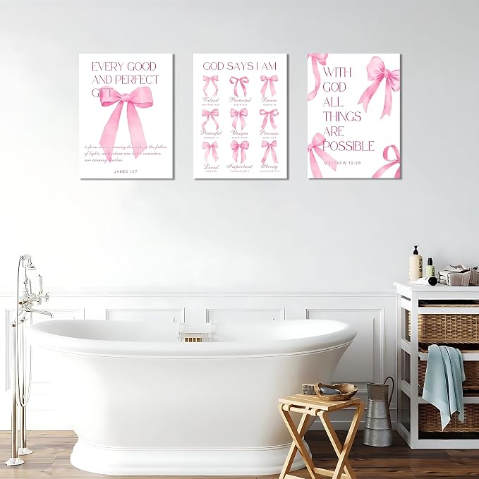 Coquette Pink Bow Wall Art Decor Canvas Posters Framed, Inspirational Bible Verses Bow Wall Decor,Room Bedroom Bathroom Decor Aesthetic for Teen Girls Gifts, 16x24 Inch Set of 3 Bow Pictures
