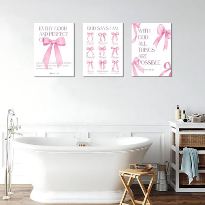 Coquette Pink Bow Wall Art Decor Canvas Posters Framed, Inspirational Bible Verses Bow Wall Decor,Room Bedroom Bathroom Decor Aesthetic for Teen Girls Gifts, 16x24 Inch Set of 3 Bow Pictures