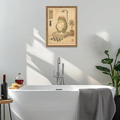 Framed Vintage Frog Bathroom Wall Art, Funny Cute Green Frog in Bubble Bath Canvas Prints, Japanese-Style Retro Cartoon Animal Artwork, Whimsical Wall Decor for Dorm Apartment Toilet 16x24in
