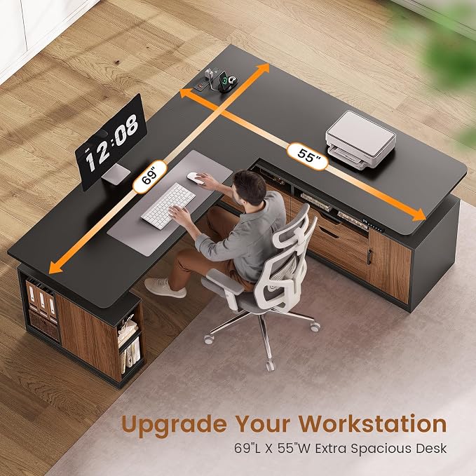SEDETA L Shaped Electric Standing Desk, 69" x 55" Height Adjustable Office Executive Desk with 4 Drawers and Storage Shelves, Fluted Sit Stand Computer Desk with Power Outlet (Modern Black+ Brown)