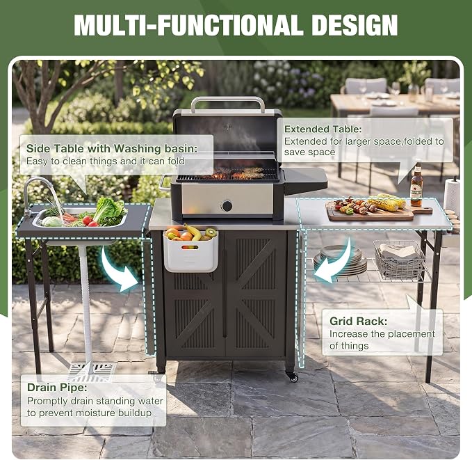 3-in-1 Outdoor Grill Cart with Sink & Faucet, Stainless Steel Top Outdoor Kitchen Island, Prep Table with Foldable Side Table, Storage Cabinet, Rolling Grill Station with Wheels for Patio, Backyard