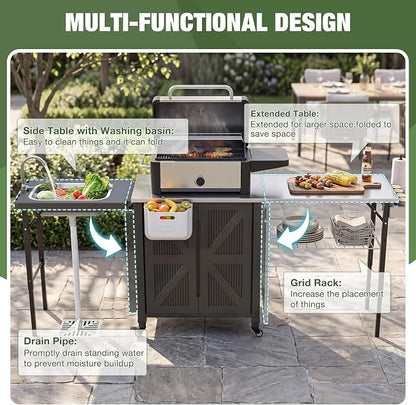 3-in-1 Outdoor Grill Cart with Sink & Faucet, Stainless Steel Top Outdoor Kitchen Island, Prep Table with Foldable Side Table, Storage Cabinet, Rolling Grill Station with Wheels for Patio, Backyard