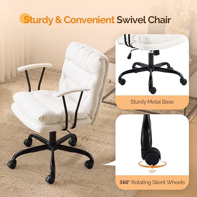 VINGLI Padded White Desk Chair with/No Wheels,Dual-Base,Removable Armrests,Adjustable Comfy Rolling Swivel Computer Task Nail Tech Chair for Home Office,Sewing,Makeup Vanity,Teen,Linen Fabric