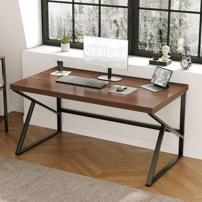 HSH Walnut Computer Desk, Industrial Modern Metal Wood Desk Workstation, Rustic Executive PC Laptop Work Desk Table for Home Office, Simple 55 Inch Writing Study Gaming Desk in Bedroom Living Room