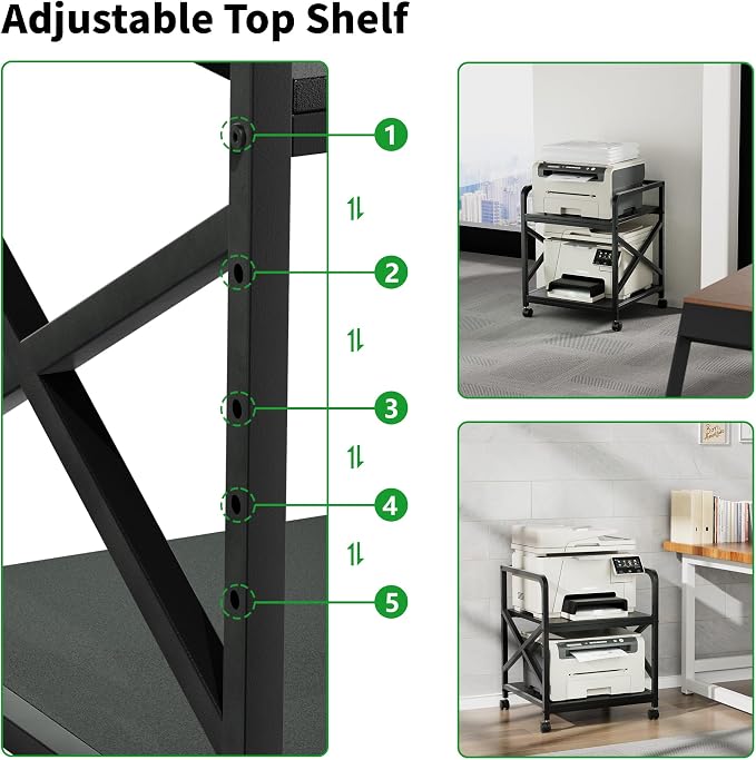 2 Tier Printer Stand with Storage Shelf, Printer Table with Height Adjustable Top Shelf, Under Desk Storage Printer Cart for Paper Shredder Scanner, 3D Printer Stand for Home Office(Black)