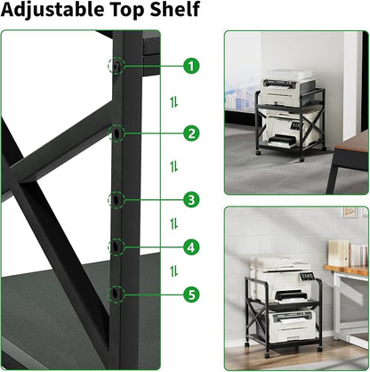 2 Tier Printer Stand with Storage Shelf, Printer Table with Height Adjustable Top Shelf, Under Desk Storage Printer Cart for Paper Shredder Scanner, 3D Printer Stand for Home Office(Black)