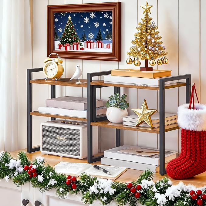 HOOBRO Desk Shelf Organizer, Adjustable Desktop Bookshelf, 2-Tier Shelf for Top of Desk, Wooden Office Storage Rack, for Office, Study, Kitchen, Dorm, Rustic Brown and Black BF39SJ01
