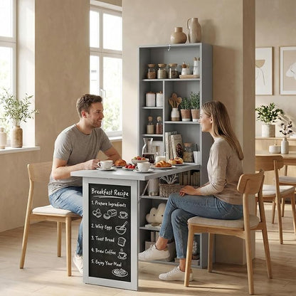 HOMCOM Foldable Convertible Writing Table, Wall Mounted Space-Saving Computer Desk with Chalkboard and Storage Shelves for Small Spaces, Home Office, Bedroom, Dorm, Apartment, Charcoal Gray