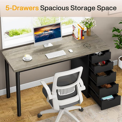 Tribesigns Computer Desk with 5 Drawers, 47 inches Rustic Brown Home Office Desk with Storage, Modern Simple Laptop Desk Study Writing Table for Small Spaces (1, Grey+Black)