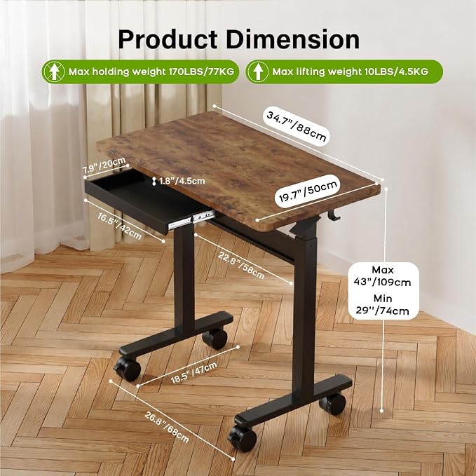 Standing Desk for Walking Pad with Wheels, Pneumatic Cordless Height Adjustable Rolling Desk, Computer Workstation with Drawer Hook Locking Casters for Treadmill Home Office, Dark Wood