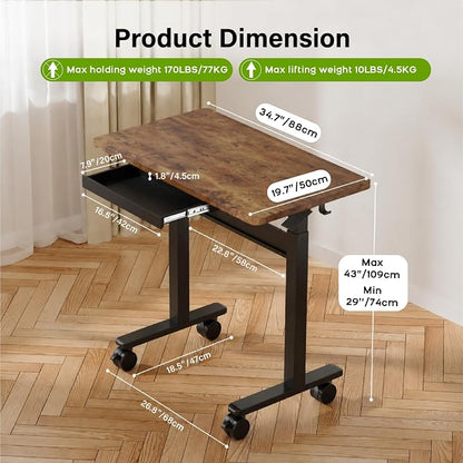 Standing Desk for Walking Pad with Wheels, Pneumatic Cordless Height Adjustable Rolling Desk, Computer Workstation with Drawer Hook Locking Casters for Treadmill Home Office, Dark Wood