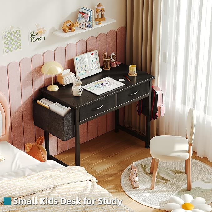 CAIYUN Computer Office Desk for Small Space with Fabric Drawers, Home Office Desk for Bedroom with Side Pocket and Hook, 31 Inch Kid’s Desk, Writing Desk, Study Table and Work Desk, Black