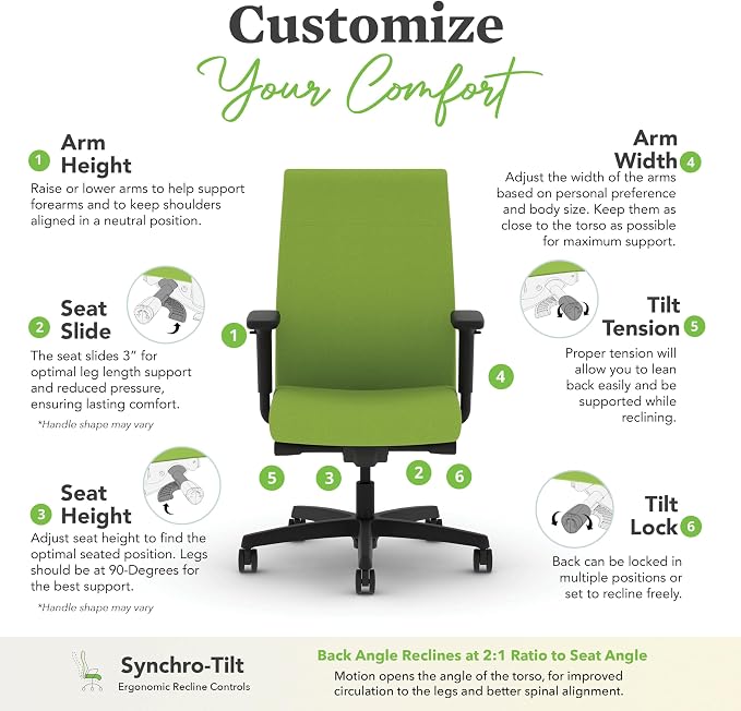 HON Ignition 2.0 Ergonomic Office Chair with Adjustable Arms, Advanced Synchro‑Tilt Recline, Upholstered Desk and Computer Chair for Home Office or Workstation, Black Frame, Pear