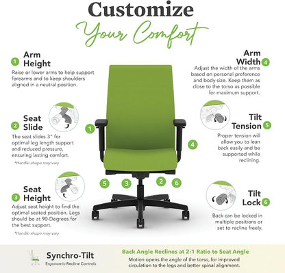 HON Ignition 2.0 Ergonomic Office Chair with Adjustable Arms, Advanced Synchro‑Tilt Recline, Upholstered Desk and Computer Chair for Home Office or Workstation, Black Frame, Pear