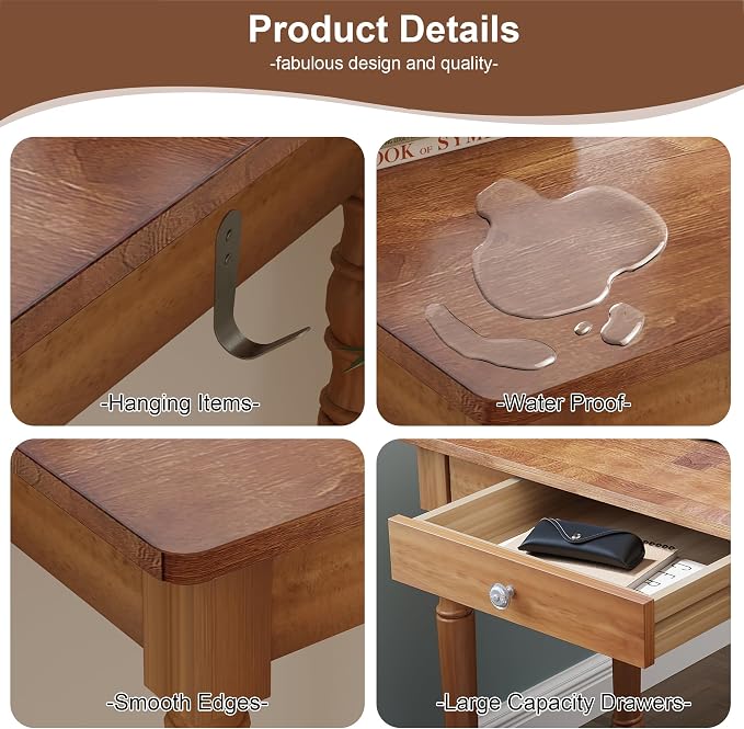 100% Solid Wood Desk with Drawers, 31 x 16 Inch Narrow Mid Century Modern Desk, Vintage Small Wooden Writing Table for Small Spaces Bedroom, Living Room, Office