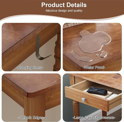 100% Solid Wood Desk with Drawers, 31 x 16 Inch Narrow Mid Century Modern Desk, Vintage Small Wooden Writing Table for Small Spaces Bedroom, Living Room, Office