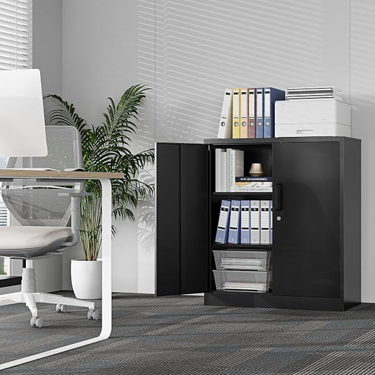 Metal Storage Cabinet, Garage Storage Cabinet with Locking Doors and Adjustable Shelves for Garage,Home,Office and School (Assembly Required，Black)