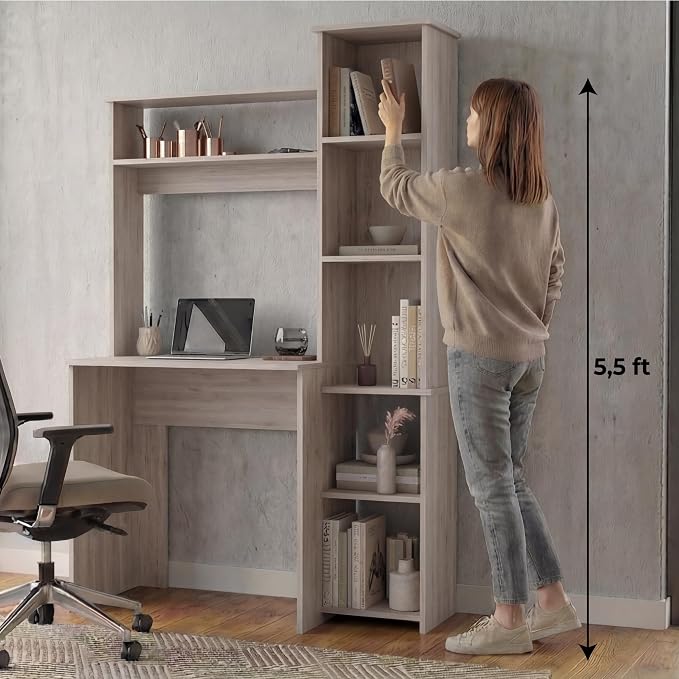 Tuhome Versalles Writing Desk with Two Superior Shelves, Five Side Open Storage Compartments, Space-Saving Modern Workstation Design for Studios and Offices, Ideal for Organization