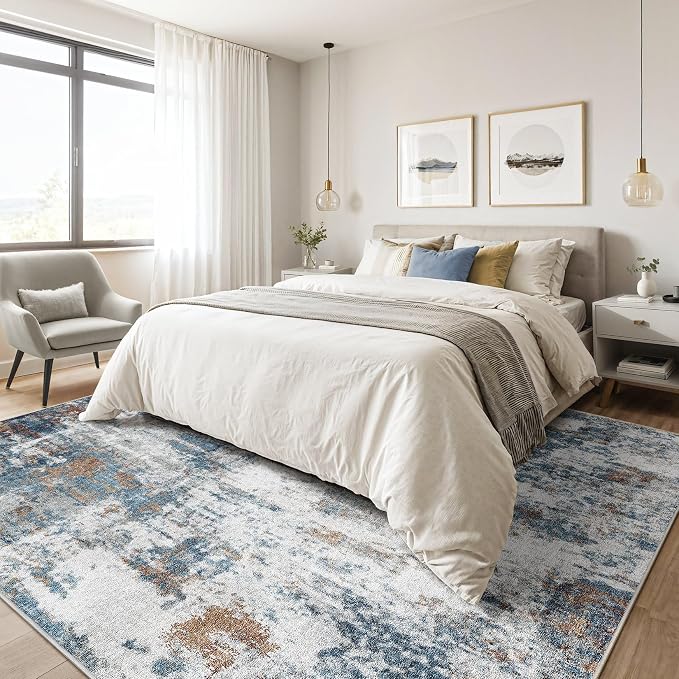 6x9 Area Rugs Living Room: Washable Large Abstract Neutral Modern Soft Rug Stain Resistant Indoor Floor Non-Slip Accent Carpet for Bedroom Nursery Playroom Dining Room Office Dorm Home- Rust Cyan