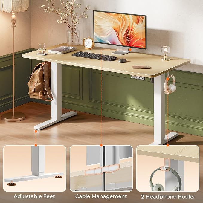 Huuger 55 x 28 Large Electric Standing Desk, Height Adjustable Desk, 27.6" Deep Desktop, Stand up Gaming Computer Office Desk with 2 Hooks, 3 Preset Heights, for Home Office, Maple