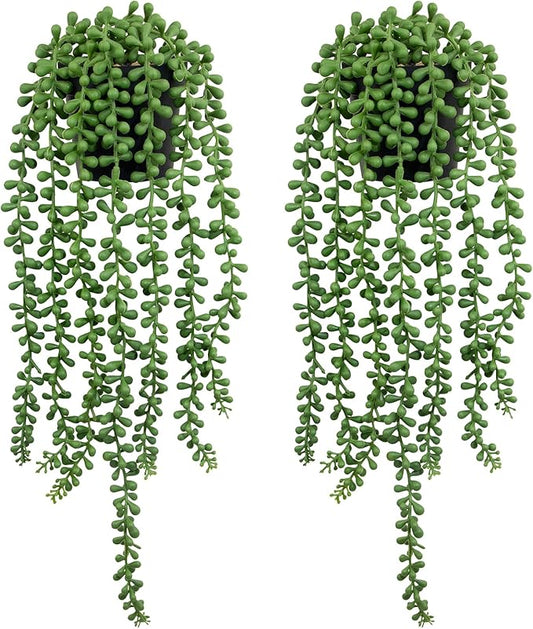 LOYWREE 2 Pack Lifelike Artificial String of Pearls Plant - Faux Hanging Succulent with Black Pot, Realistic Trailing Fake Plant for Indoor Outdoor Shelf Desk Window Sill Home Garden Office Decor
