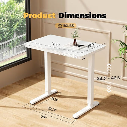 Glass Electric Standing Desk with Drawer, 31.5" x 20" Whole Piece Small Sit Stand Table, Height Adjustable Desk with Storage & USB Ports, Quick Install Home Office Computer Desk, White