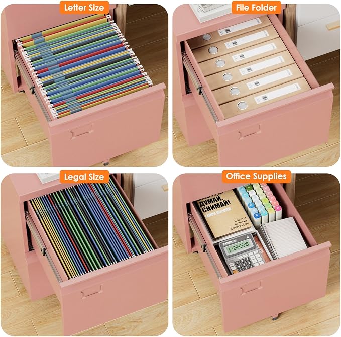 METAN 2 Drawer Metal File Cabinet with Lock, Mobile Rolling Filing Cabinet for Home Office, Under Desk Storage Holds Letter & Legal Size, 17.32" D x 14.56" W x 25.6" H, Assembly Required, Pink