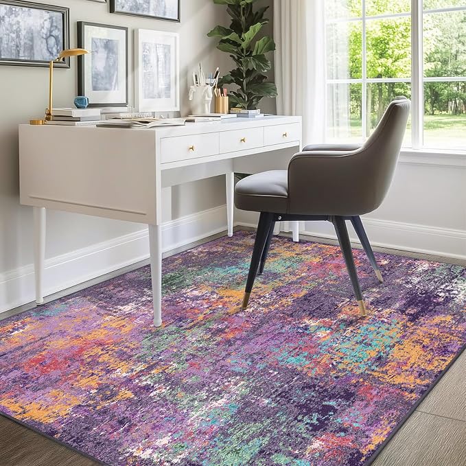 RELEANY Washable Area Rugs 8'x10' Non-Slip Modern Abstract Soft for Living Room Entryway Bedroom Kitchen, Print Pattern, Purple Orange Blue Green Rust Red Colorful