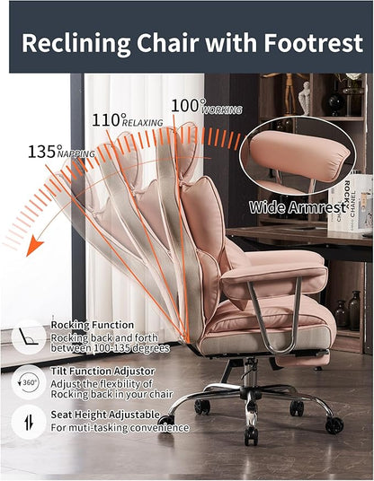 Efomao Big and Tall Office Chair 400LBS - Pink Heavy Duty Executive Office Chair with Footrest, Ergonomic Home Office Desk Chair, Wide Computer Chair for Heavy People | 400lbs support, 135° recline, dual-layer foam cushion, 23.5" seat & footrest. BIFMA