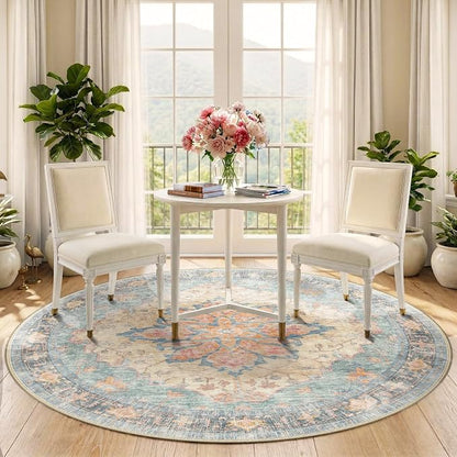 RELEANY Area Rugs Round 5ft Washable Non-Slip, Floral Vintage Distress Medallion Carpet for Living Room Bedroom Dining Room, Blue Orange Red
