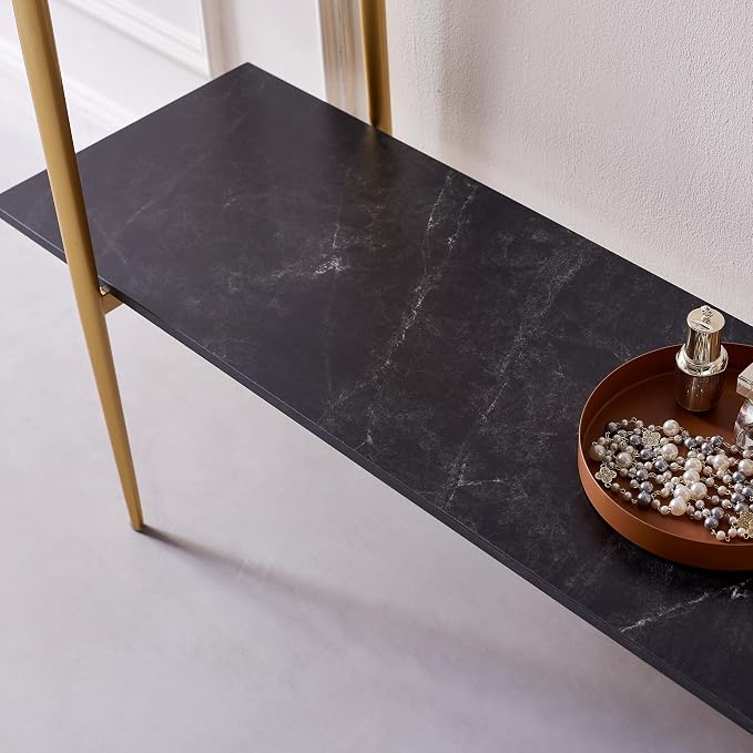 LumFurn Glass Console Table for Living Room, Foyer & Entrance, 2-Tiers Mid-Century Modern Sofa Table with Grey Glass Top, Black Marble Finish Wood Shelf and Gold Finish Frame