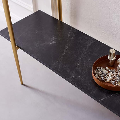 LumFurn Glass Console Table for Living Room, Foyer & Entrance, 2-Tiers Mid-Century Modern Sofa Table with Grey Glass Top, Black Marble Finish Wood Shelf and Gold Finish Frame