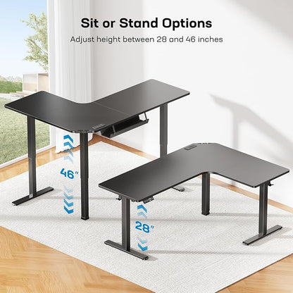 HUANUO 63″ L-Shaped Standing Desk, Built-in Power Outlets, Electric Height Adjustable Corner Computer Desk, Large Power Strip Holder, Sit Stand Up Desk with 3 Preset Heights, Black