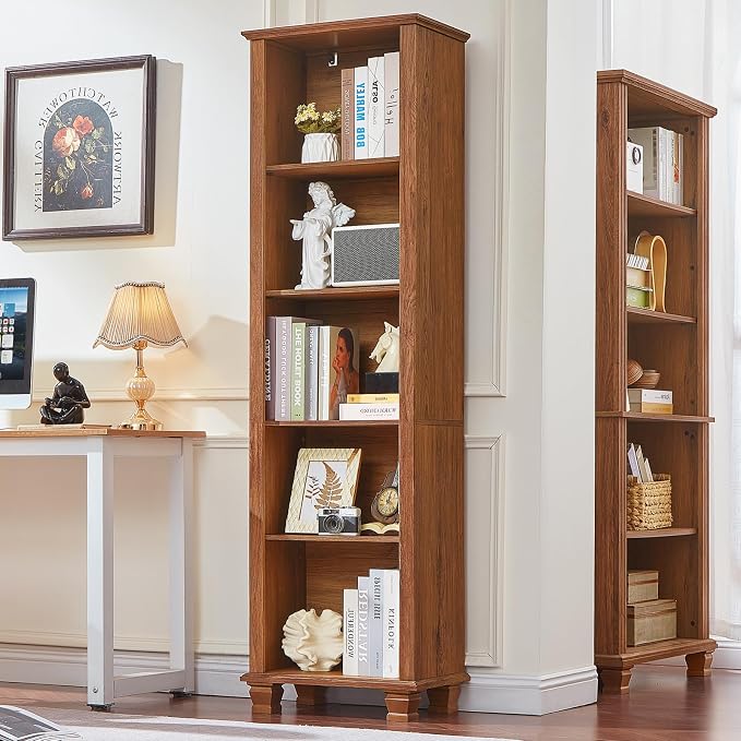 SAVOR LIFE Narrow Brown Book Shelf, 70" Tall Skinny Bookshelf with Adjustable Shelves & Wooden Legs, Farmhouse Wood Bookcase w/5-Tier Open Storage, Free Standing Book Case for Office,Living Room,3PCS