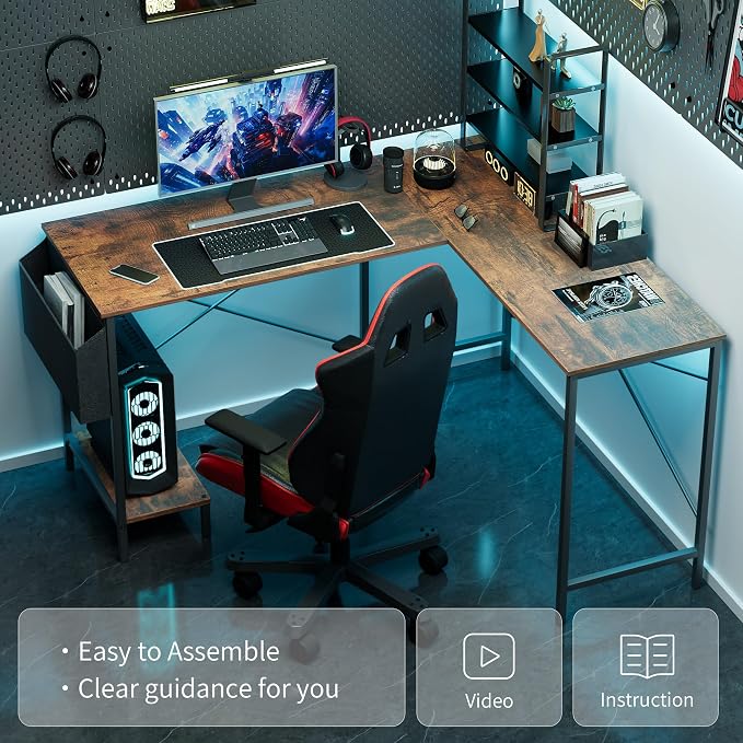 Simple Deluxe L Shaped Desk Gaming Computer 50 Inch Reversible Corner Table PC Work Table for Writing Study Student with Wood Tabletop Metal Frame CPU Stand Side Bag for Home Office Small Place