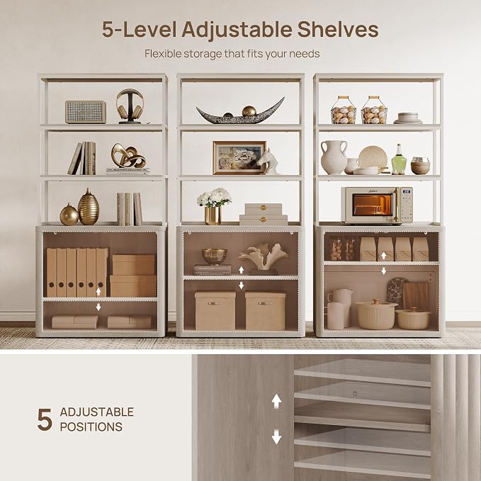 SICOTAS Book Shelf Fluted Bookshelf 71" Tall Bookcase with Doors Storage 5 Tier Mid Century Modern Bookshelves Large Shelves Metal Book Cases for Living Room Office Kitchen Library