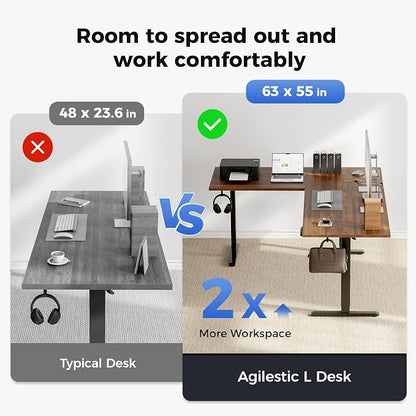Agilestic Electric L Shaped Standing Desk 63 x 55 Inch with Power Outlet, Height Adjustable Corner Stand up Desk with Cable Management,Sit Stand Home Office Workstation with Splice Board, Dark Walnut