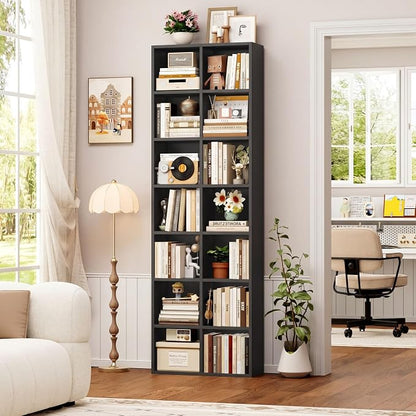 FOTOSOK 71'' Tall Bookshelf with 14 Cubes, 7 Tier Double Wide Black Bookshelf with 6 Adjustable Shelves, 19.6" Narrow Bookcase DVD/CD Media Storage, Space Saving Display Shelf Cabinet, Black