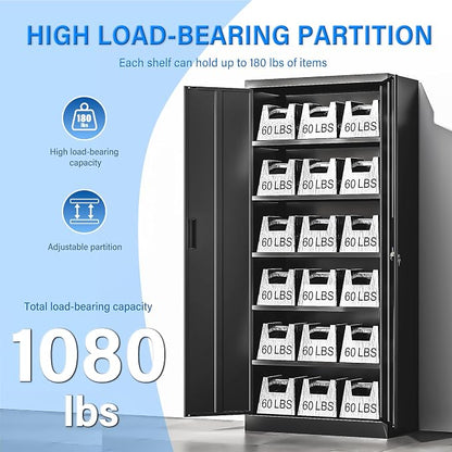 BESFUR Metal Storage Cabinet, 71" H Locking Storage Cabinet with 5 Adjustable Shelves, Metal Cabinets for Garage, Office, Home, Classroom- Black