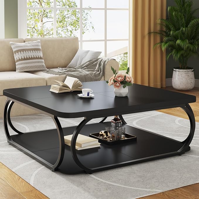 Tribesigns Square Coffee Table with Open Storage Shelf for Living Room, 39 Inch Large Wood Center Table 2 Tier Low Coffee Tables Farmhouse Tea Table with Metal Frame for Home Office, Black