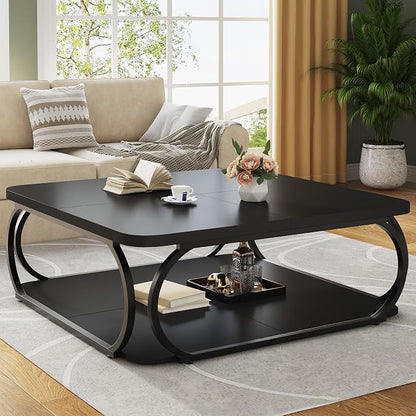 Tribesigns Square Coffee Table with Open Storage Shelf for Living Room, 39 Inch Large Wood Center Table 2 Tier Low Coffee Tables Farmhouse Tea Table with Metal Frame for Home Office, Black
