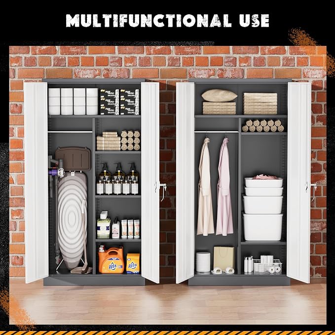 Greenvelly Metal Storage Cabinet with 2 Doors, 72” Steel Storage Wardrobe Cabinet, Employees Locker Closet Clothing Coat Steel Wardrobe Cabinet with Hanging Rod for Garage, Home Office (Grey White)