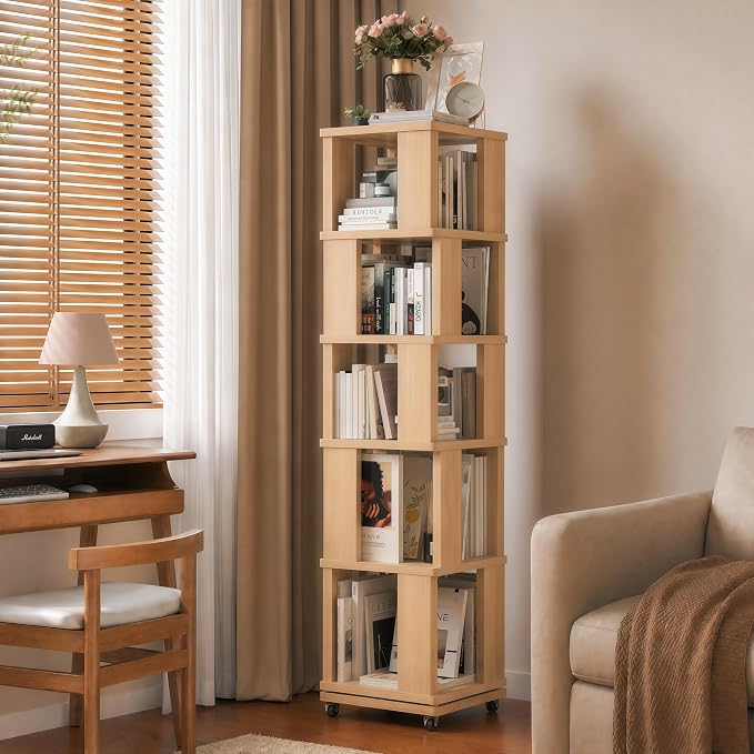 5 Tier Solid Wood Rotating Bookshelf Tower on Wheels, 360° Upgrade Spinning Book Shelf, Revolving Bookcase Organizer, Swivel Bookshelves for Small Spaces, Corner, Bedroom, Kids Room (Warm Wood)