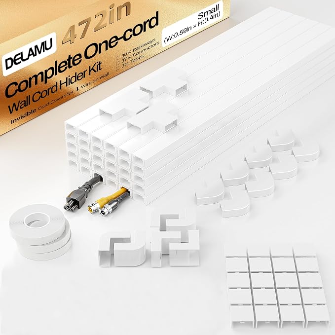 Delamu Cord Hider, 472in Cord Covers for Wires on Wall, One-Cord Cable Hider, Self-Adhesive Wire Hiders Wire Covers for TV Cords on Wall, Paintable Baby Monitor Proof Cord Cover, W0.59 H0.4in, White