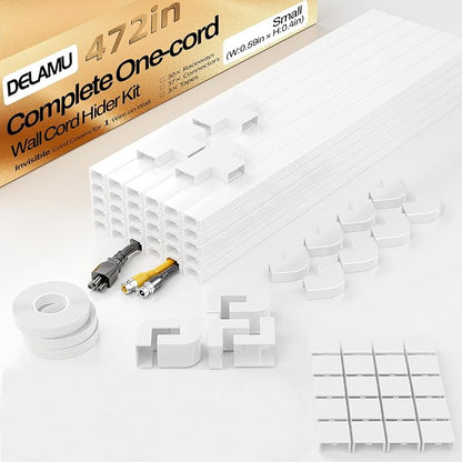 Delamu Cord Hider, 472in Cord Covers for Wires on Wall, One-Cord Cable Hider, Self-Adhesive Wire Hiders Wire Covers for TV Cords on Wall, Paintable Baby Monitor Proof Cord Cover, W0.59 H0.4in, White