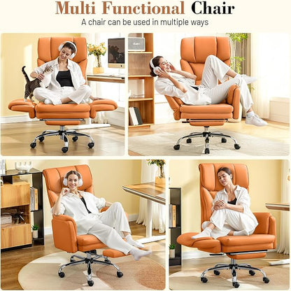 Big and Tall Office Chair, 400LBS Wide Leather Gaming Chair with Footrest, High Back Executive Chair, Reversible Armrest for Pets, 135° Reclining Cross Legged Desk Chair with Lumbar Support(Brown)