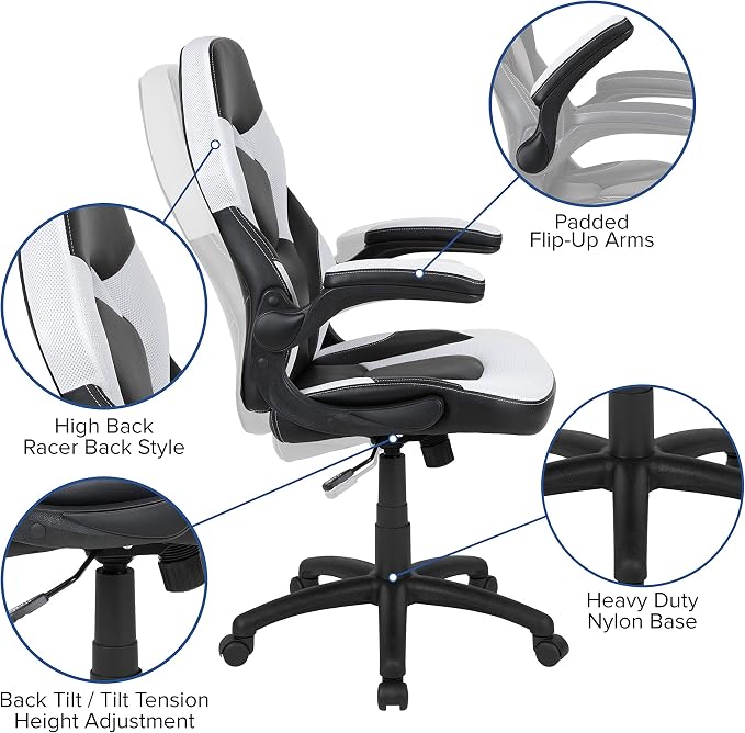 Flash Furniture X10 High-Back LeatherSoft Racing Style Gaming Chair with Flip-Up Arms, Ergonomic Padded Swivel Computer Chair, White/Black