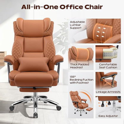 Office Chair, Ergonomic Desk Chair with Adjustable Lumbar Support for Back Pain, Extra Wide 400LBS Comfy Big and Tall Office Chair with Footrest, Executive Leather Computer Game Chair for Heavy People